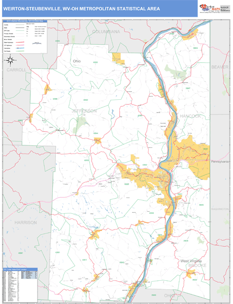 Weirton-Steubenville Metro Area Wall Map Basic Style